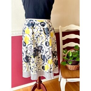 Coldwater Creek Floral A-Line Skirt Yellow Grey Cotton Embroidered Lined Size PL